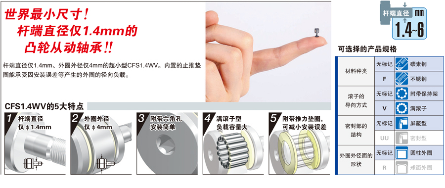 附带推力垫圈的微型凸轮从动轴承